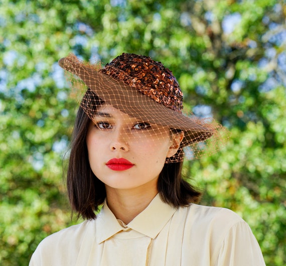 Vintage Wool Felt Sequin Tilt Hat, Cartwheel Hat, 1950s-60s  display picture 1