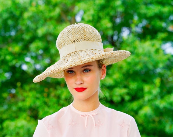 Vintage Straw Floppy Hat, Wide Brim Hat, Vintage H
