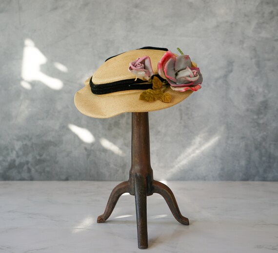 Vintage Flower Straw Mini Boater Hat, Half Hat, 1… - image 9
