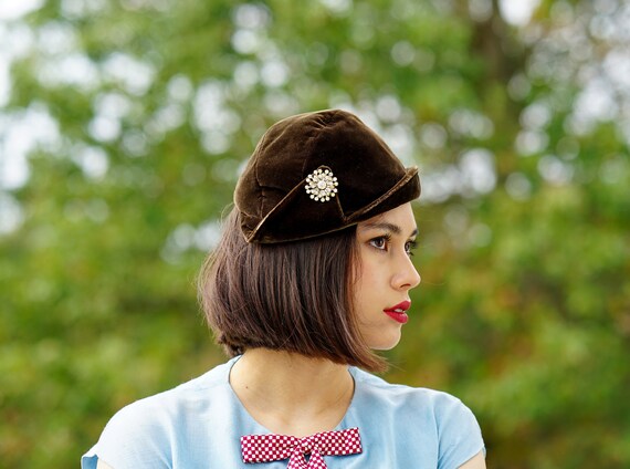 Vintage Brown Velvet Half Hat, Off the Face Hat, V