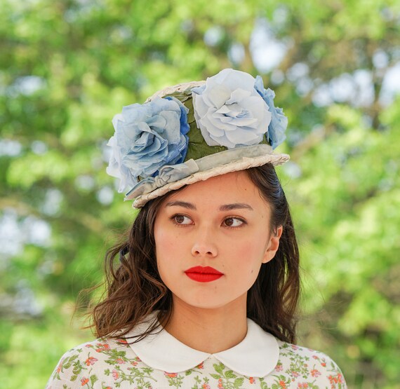 Vintage Floral Straw Bubble Hat, Pillbox Hat, 1950s-60s Hat  display picture 3