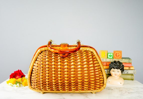 Vintage Wicker Lucite Purse/ 1950s-60s Handbag/ Wo