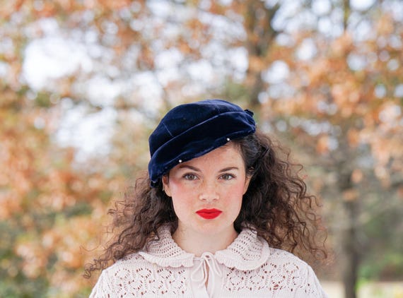 Vintage Rhinestones Velvet Tilt Hat, 1940s-50s Hat, Vintage Women