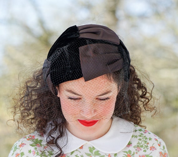 Vintage Bow Half Hat with Veil, Headband Hat, Vin… - image 4