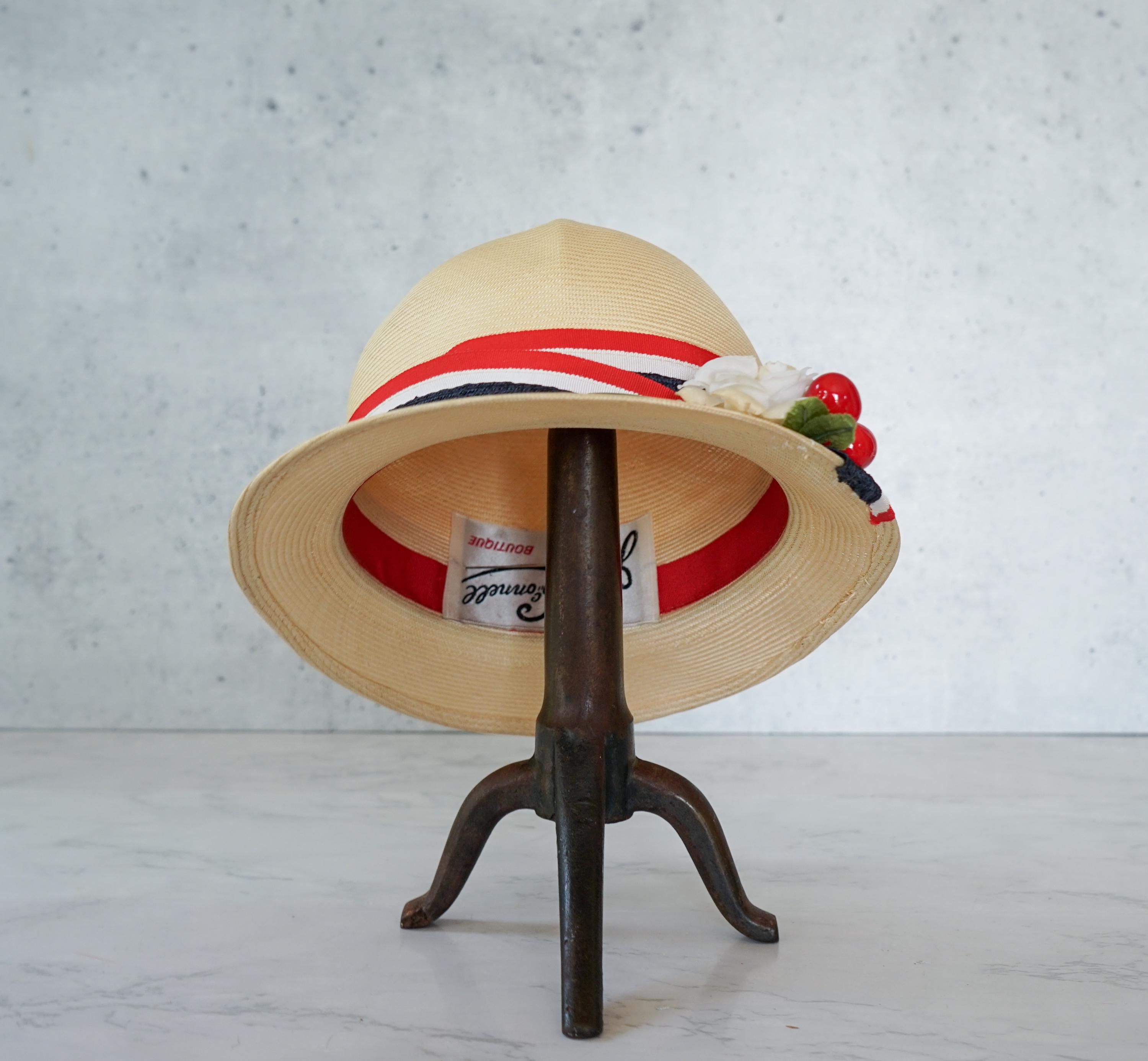 Vintage Cherry Floral Straw Bowler Hat: 1950s-60s Retro MCM  display picture 1