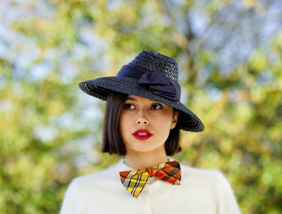Vintage Blue Straw Cartwheel Hat, 1940s Hat, Cooli