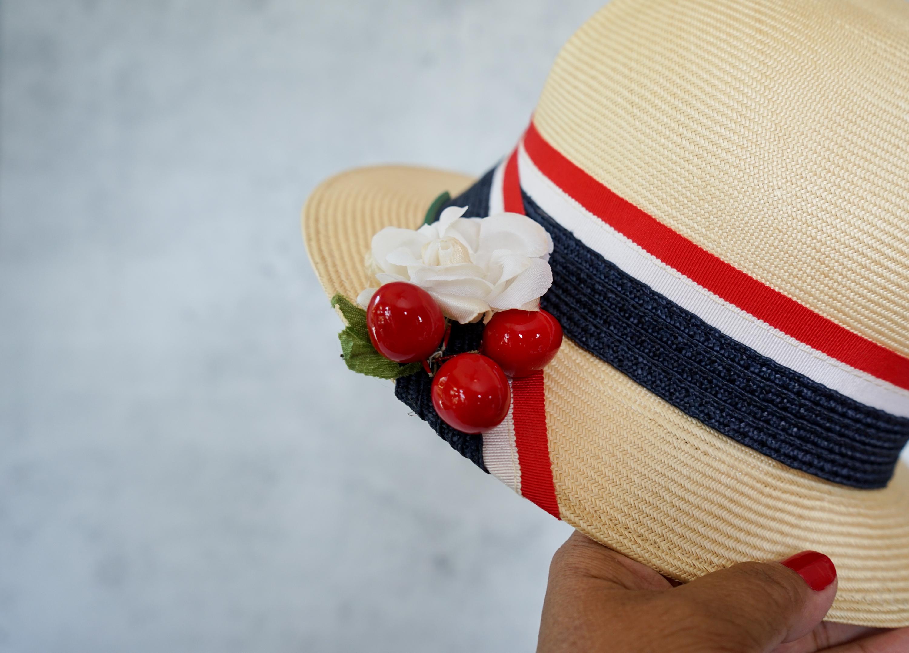 Vintage Atlas Straw Hat with Bow and Cherries Red White Cherries Milan Straw Cartwheel Dress Hat – Village Hat  main image 4