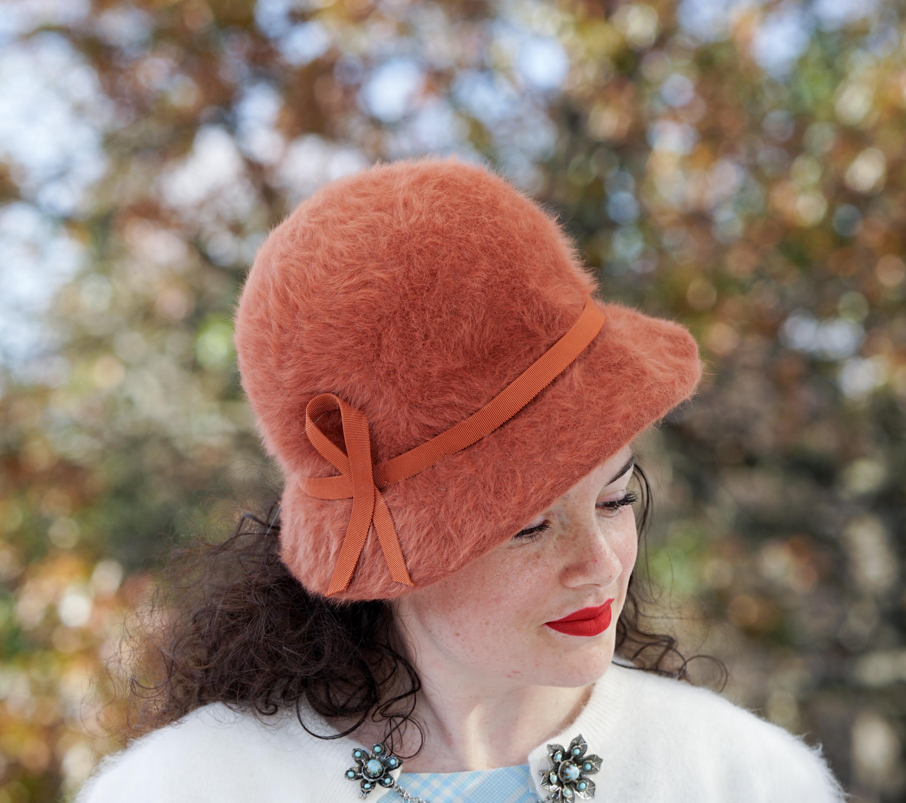 Vintage Kangol Design Angora Rabbit Hair Bucket Hat Made in England Orange Rust Vintage Kangol Furgora Bucket Hat, Angora Blend, Made in  main image 2