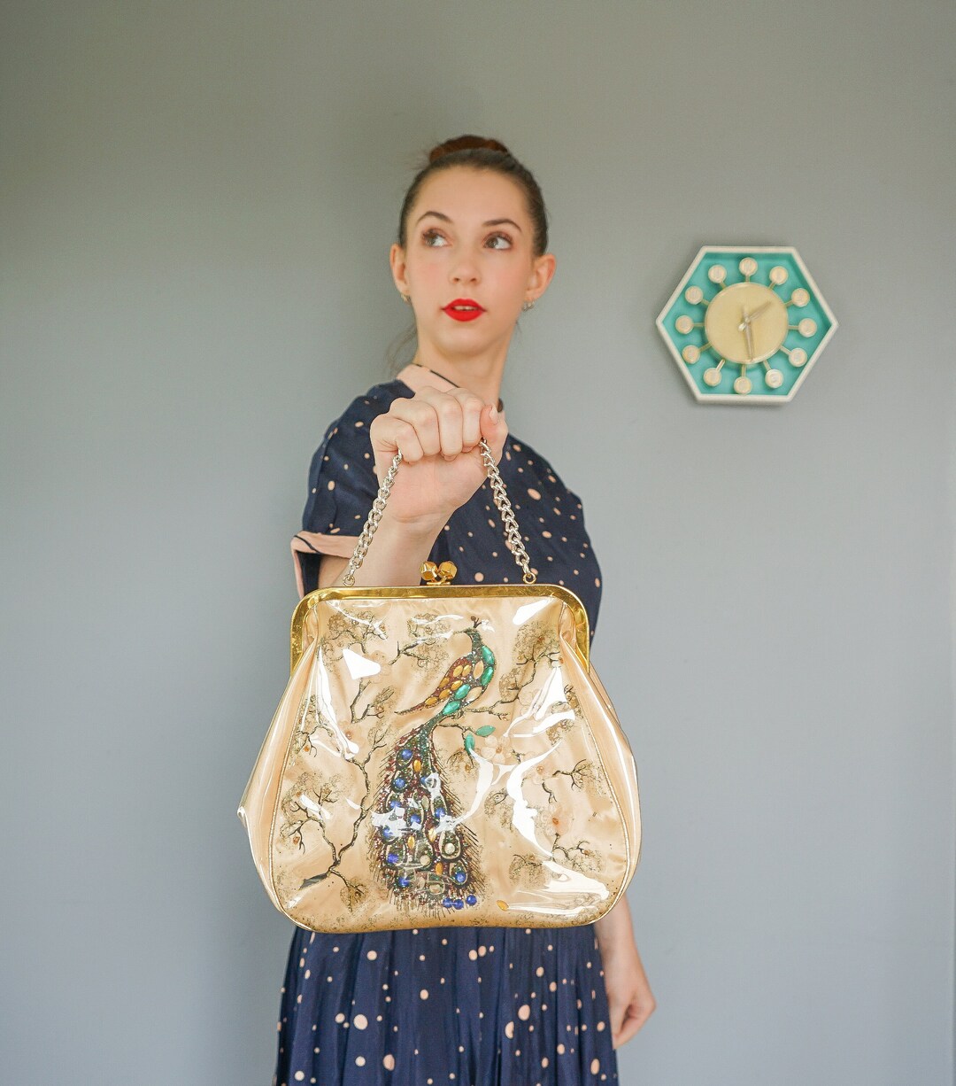 Vintage Peacock Handpainted Vinyl Over Fabric Purse/ 1950s Purse