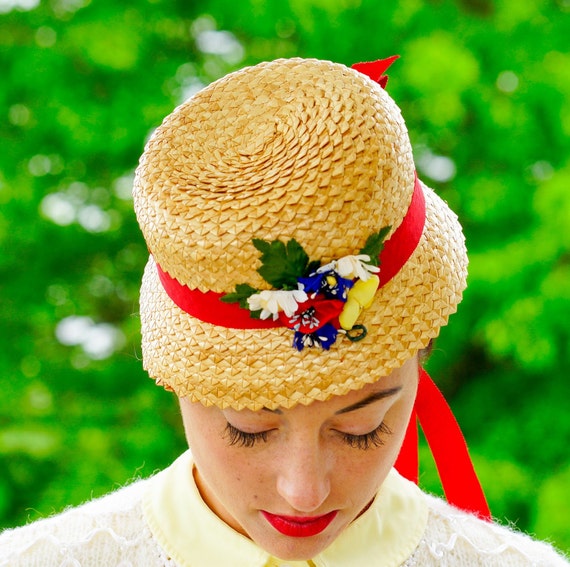 Vintage Straw Hat with Flower, Sailor Hat, 1950s … - image 4