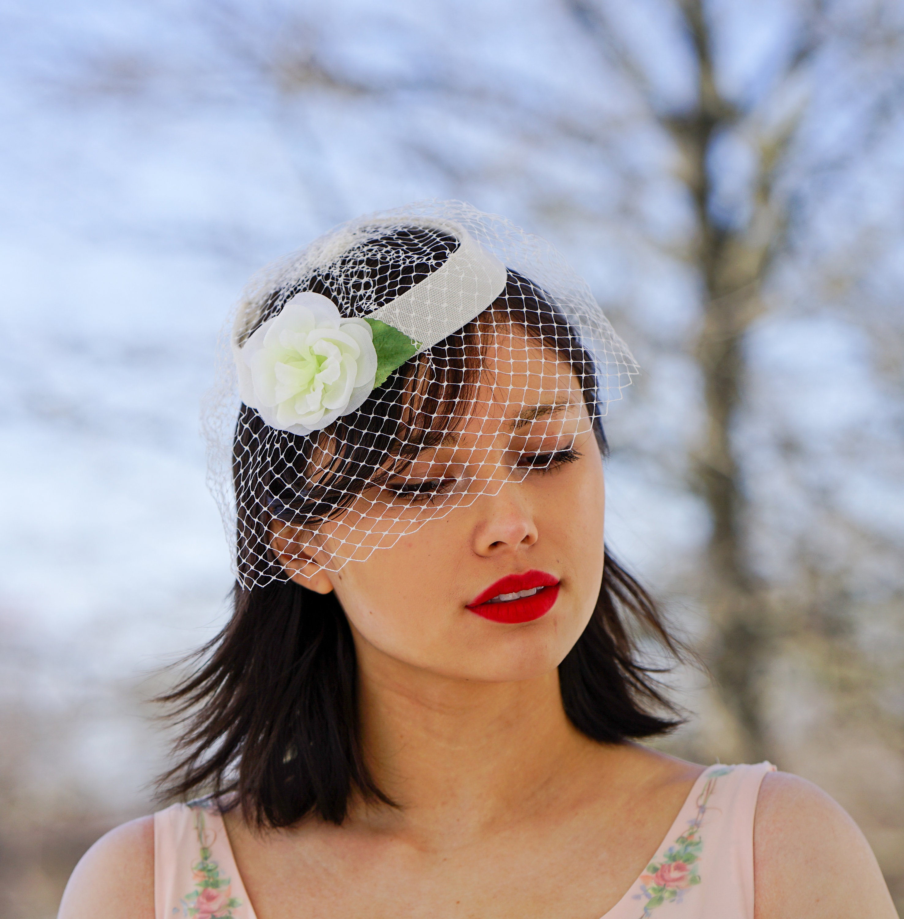 Vintage Floral Headband Veil Hat, Whimsy Hat, Vintage Hat  display picture 2