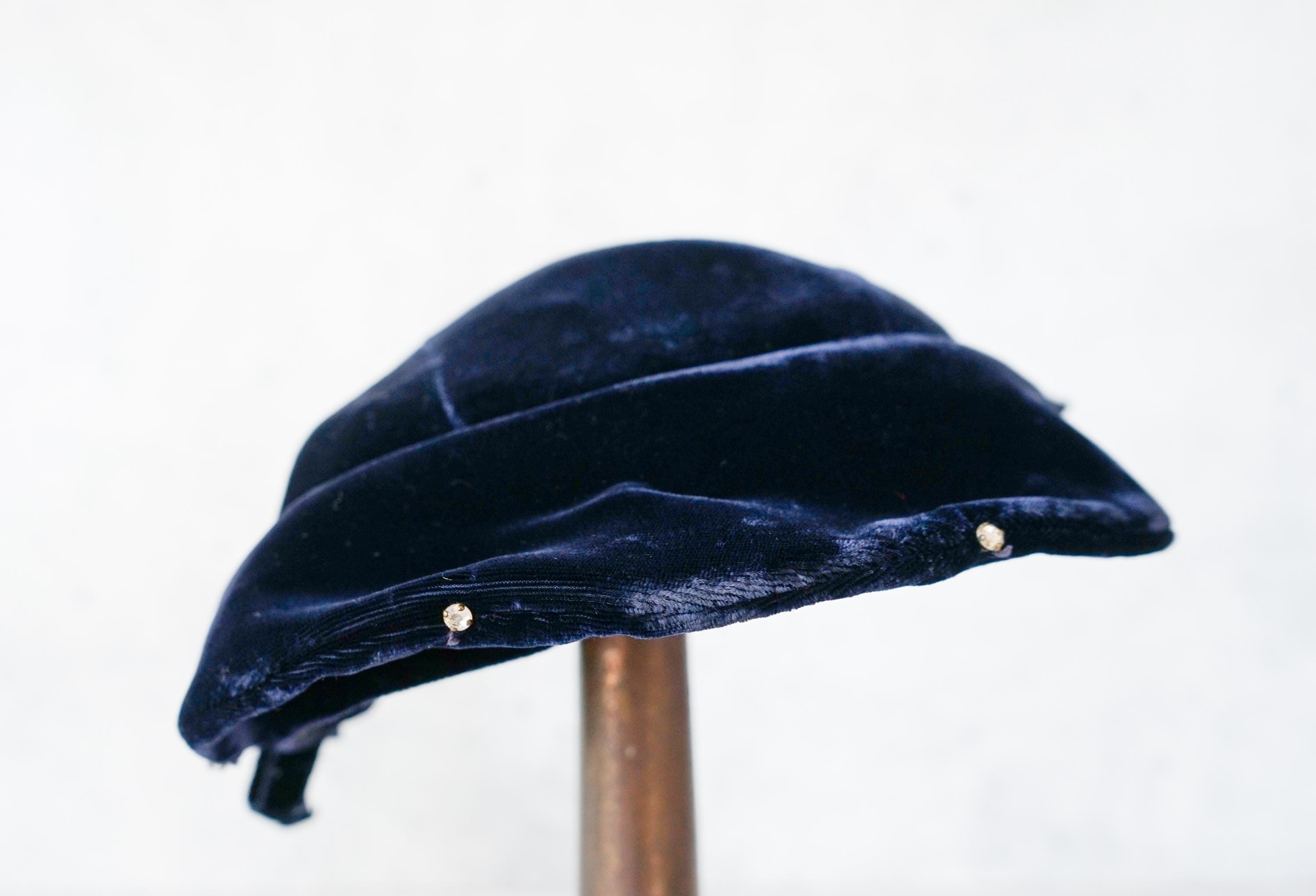 Vintage 1940s Blue Velvet Bandeau Hat‎ Rhinestone Accent Cocktail Headpiece half Vintage Rhinestones Velvet Tilt Hat, 1940s-50s Hat, Vintage  main image 2