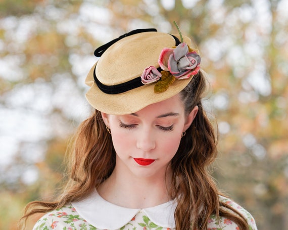 Vintage Flower Straw Mini Boater Hat, Half Hat, 1… - image 4