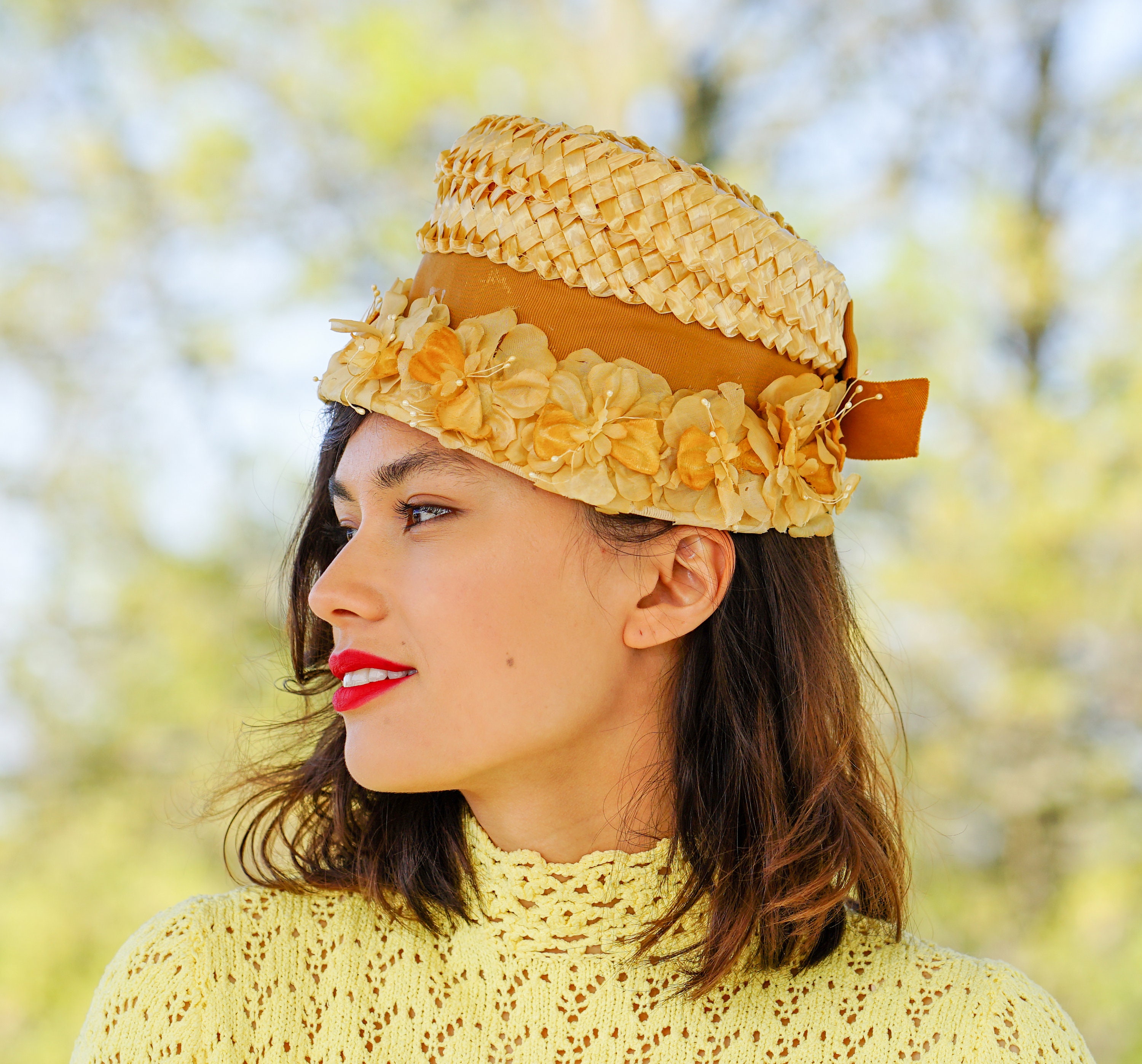 Vtg Exclusive Lisa Floral Yellow Bucket Hat Ribbon Accent w/ Striped Hat Box Anime Yellow Straw Hat with Red Ribbon | eBay main image 2