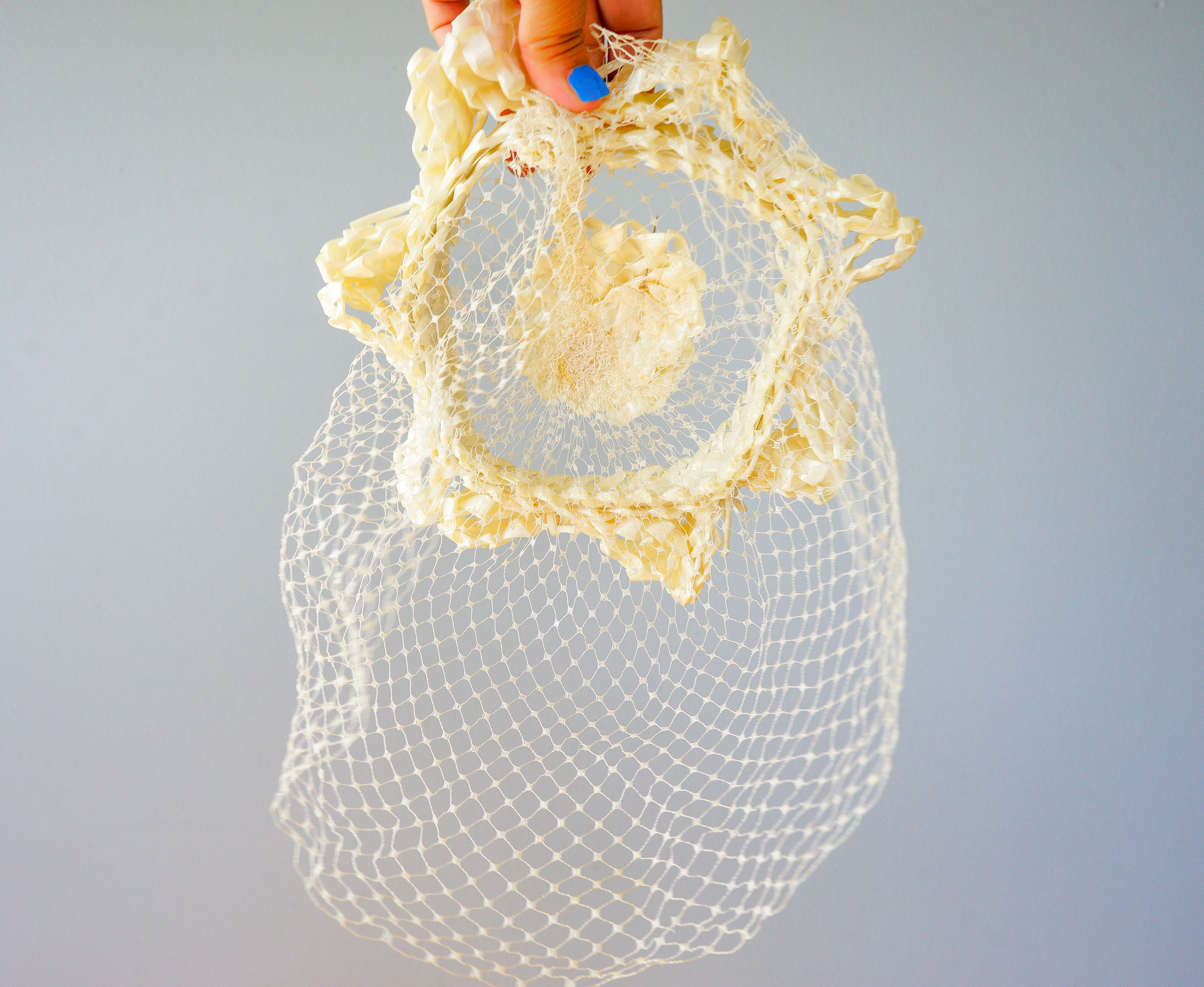 Vintage 50s Ivory Velvet Chenille Lattice Headband Hat Whimsy Cage Fascinator Elegant Bridal Cap Headpiece With Birdcage Veil - Half Hat  main image 3