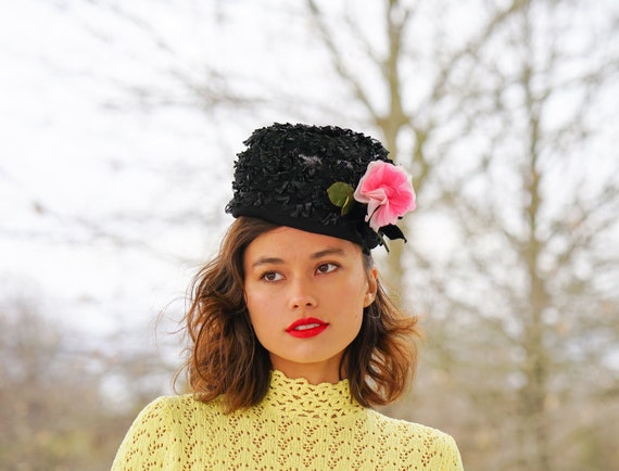 Vintage Floral Straw Pillbox Hat, Vintage Hat, 19… - image 1