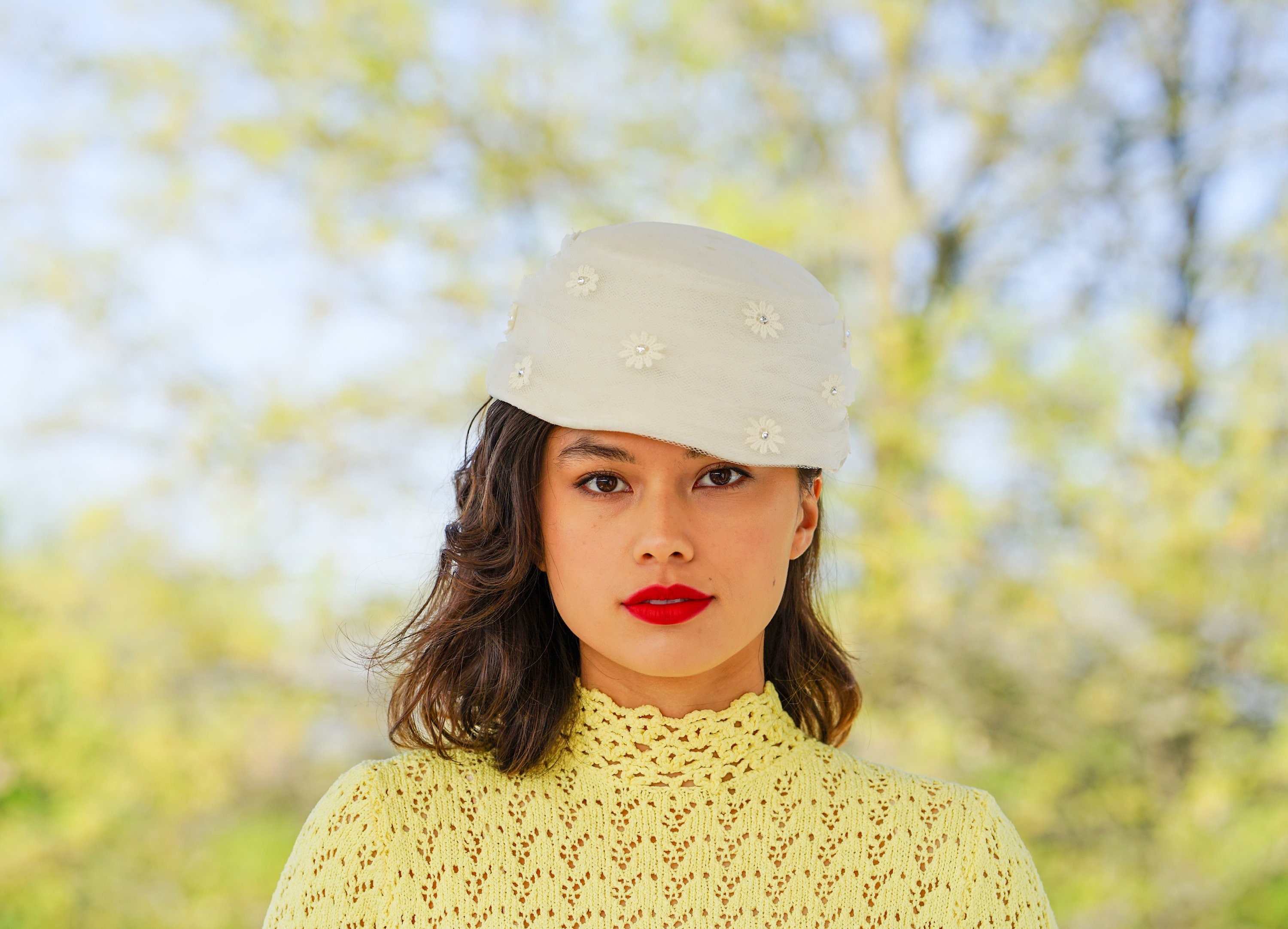 Vintage Floral Tulle Bucket Hat, 1950s-60s Hat, Vintage Hat  display picture 3