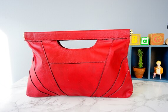 Vintage Red Leather Clutch/ 1970s-1980s Purse/ Vi… - image 8