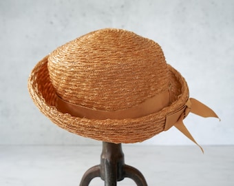Vintage Straw Bow Women Bowler Hat, 1950s-60s Hat, Breton Hat, Tea Party Hat, Wedding Hat, Retro MCM Mod Hat, Cottagecore Hat, Coquette Hat