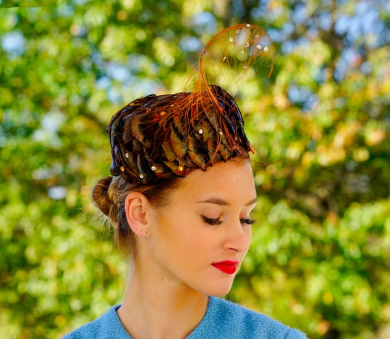 Vintage Feather Pillbox Hat, Vintage Hat, 1950s Ha