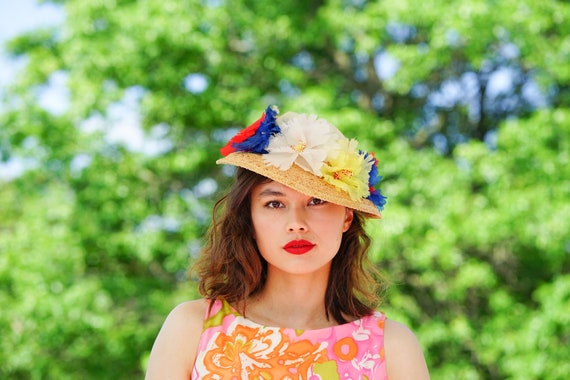 Vintage Floral Straw Bucket Hat, Boater Hat, 1960s Hat  display picture 1