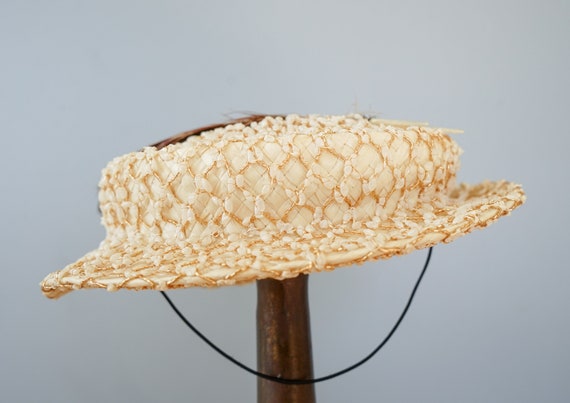 Vintage Straw Boater Feather Hat, Sailor Hat, 195… - image 6