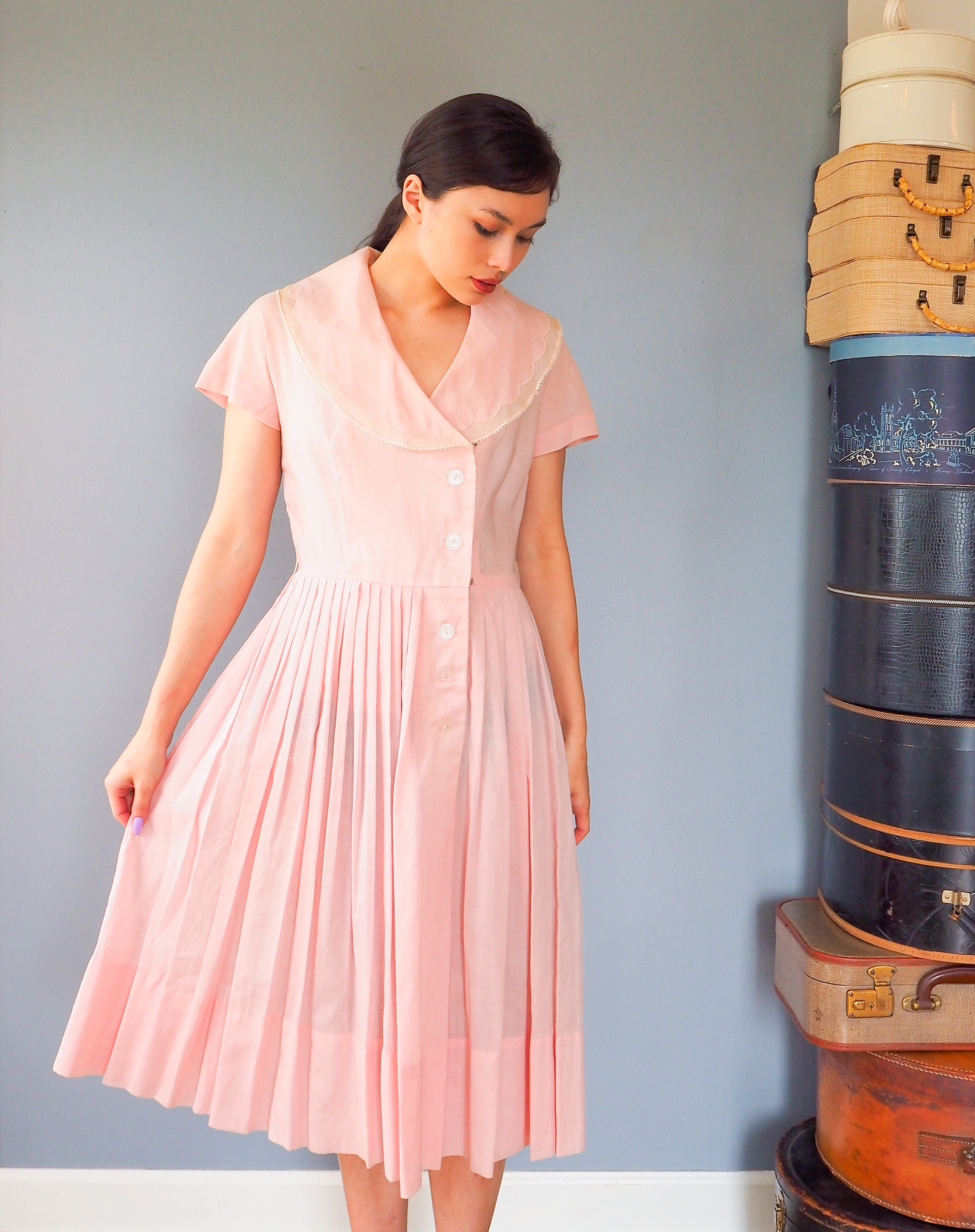 Vintage 1950s Cape Collar Pink Dress Size M, Vintage Dress