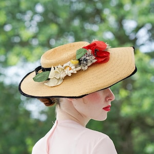 Vintage Floral Cartwheel Hat, 1940s-50s Hat, Wide Brim Hat, Vintage Women Hat, Tea Party Hat, Cottagecore Hat,  Wedding Hat, Ascot Derby Hat