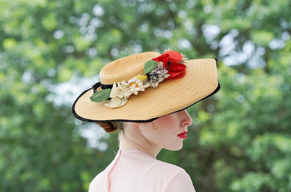 Vintage Floral Cartwheel Hat, 1940s-50s Hat, Wide Brim Hat  display picture 3