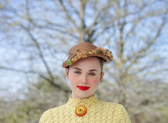 Vintage Floral Straw Half Hat, 1950s Hat, Vintage Women Hat  display picture 1