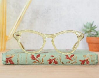 Vintage Cat Eye Glasses 1960's Cateye Made in USA New Old Stock Sparkle And Glitter Yellow green Tone