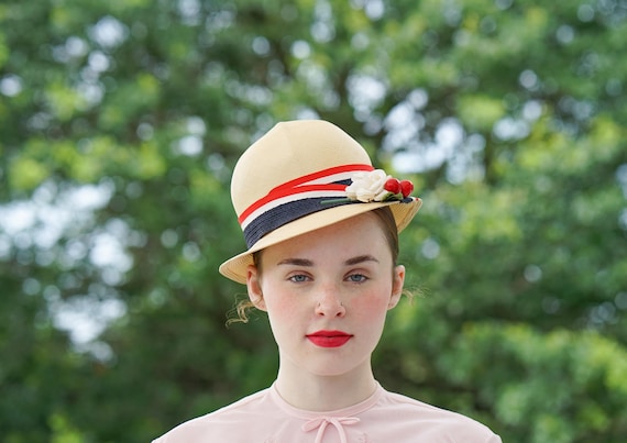 Vintage Cherry Floral Straw Bowler Hat: 1950s-60s Retro MCM  display picture 1