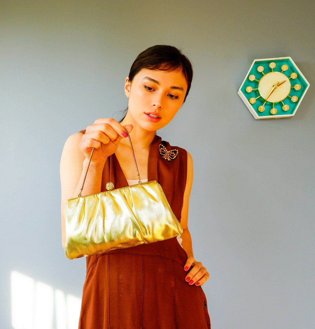 Vintage Gold Lame Faux Leather Clutch Purse/ 1950s-60s Purse