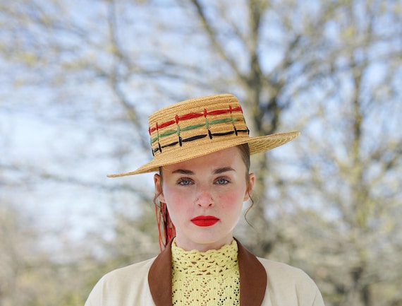 Vintage Italy Straw Raffia Boater Hat, 1940s-50s Hat  display picture 1