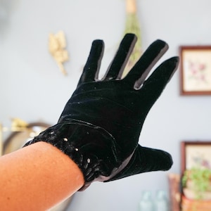 Vintage Black Silk Velvet Rhinestones Gloves by Fownes/ 1950s-60s Gloves/ Ladies Gloves/ Evening Gloves/ Witchy Whimsigoth Gloves/ Coquette