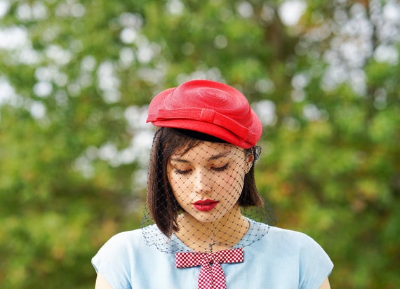 Vintage Straw Boater Veil Hat, 1950s Hat, Half Hat