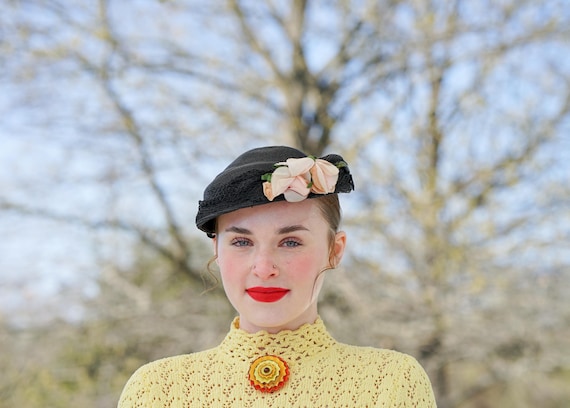 Vintage Floral Straw Half Hat, 1950s Hat, Vintage… - image 1