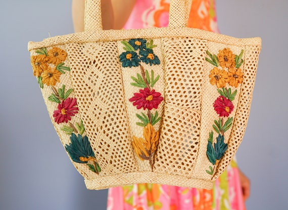 Vintage Straw Raffia Floral Embroidery Purse/ Vin… - image 2