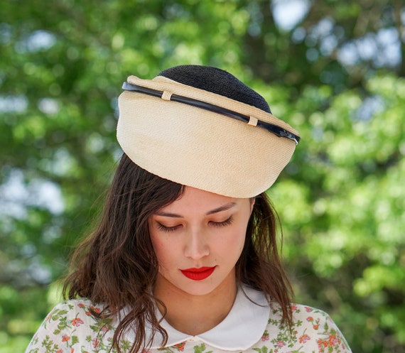 Vintage Straw Breton Hat, Pillbox Hat, 1950s-60s … - image 4