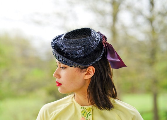 Vintage ladies headpiece hat bow Vintage Wool Felt Pillbox Hat Bow Fascinator Hat Wedding  main image 3