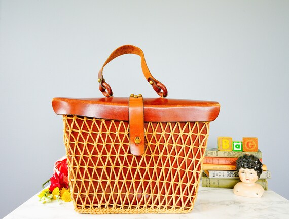 Vintage LARGE Wicker Leather Purse/ Woven Basket P