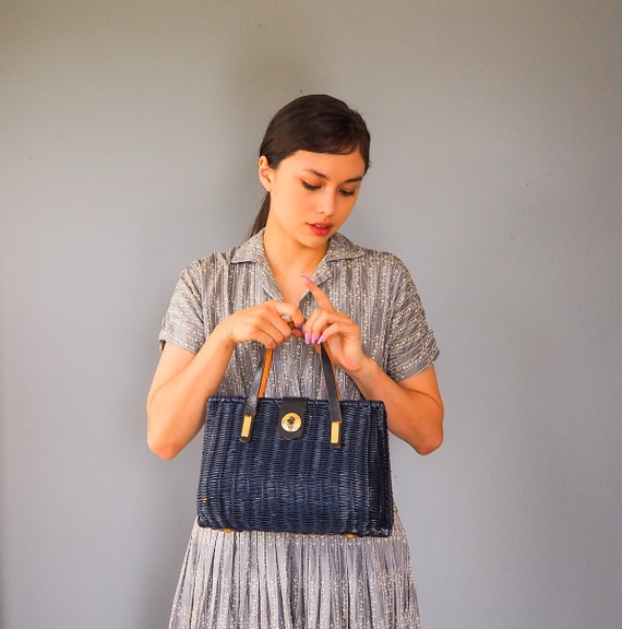Vintage Wicker Purse with Leather/ 1950s-60s Bag/