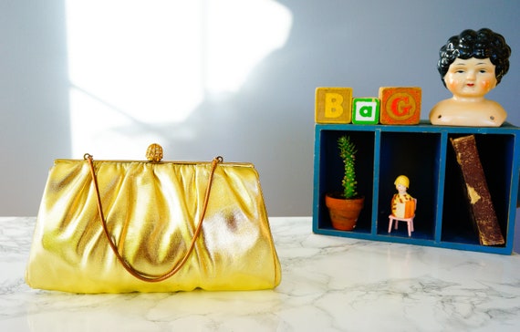 Vintage Gold Lame Faux Leather Clutch Purse/ 1950… - image 5