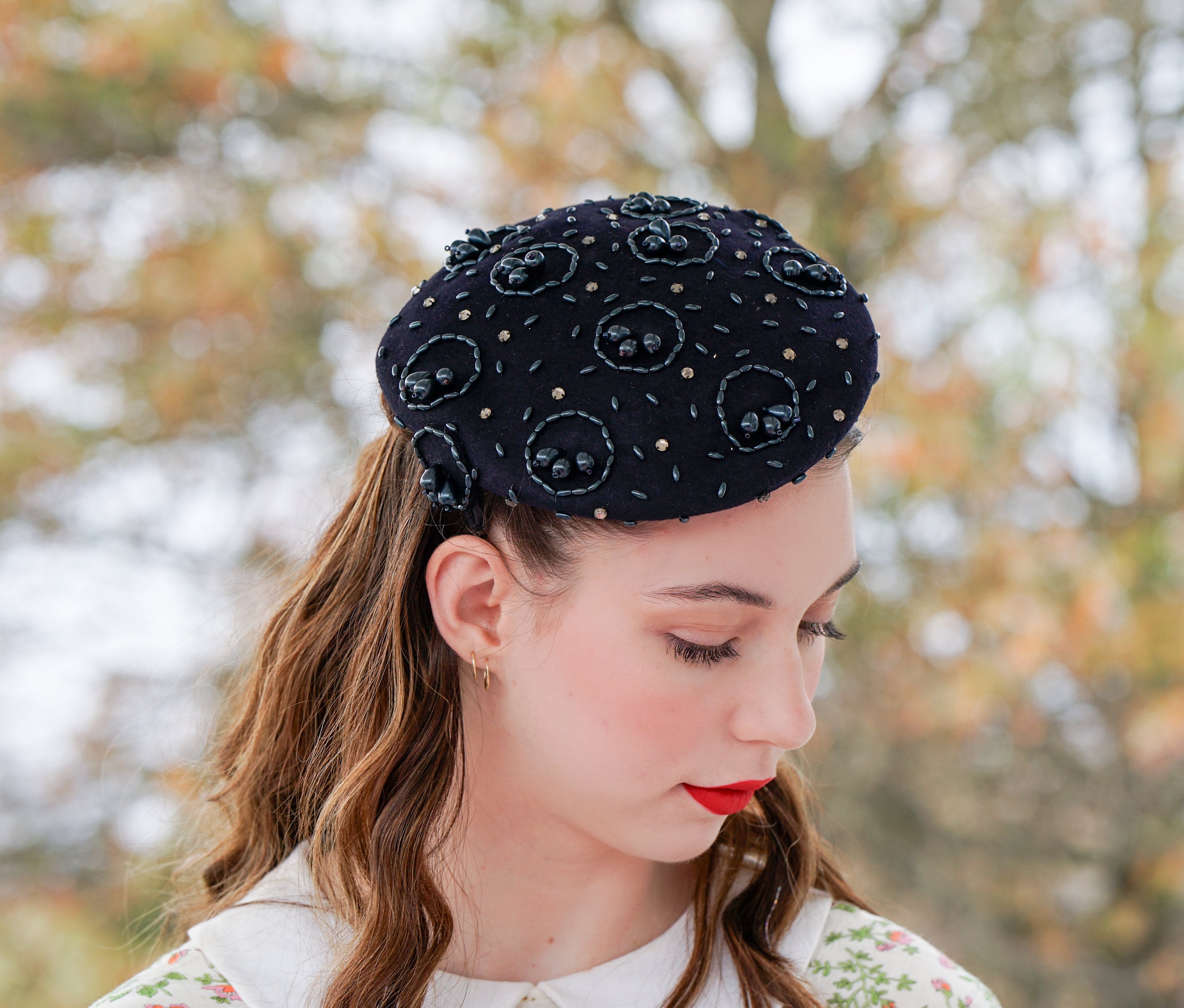 Vintage MCM Fle Chats Black Beaded Wool Felt French Cocktail Hat Felt Cocktail Hats - Etsy main image 4