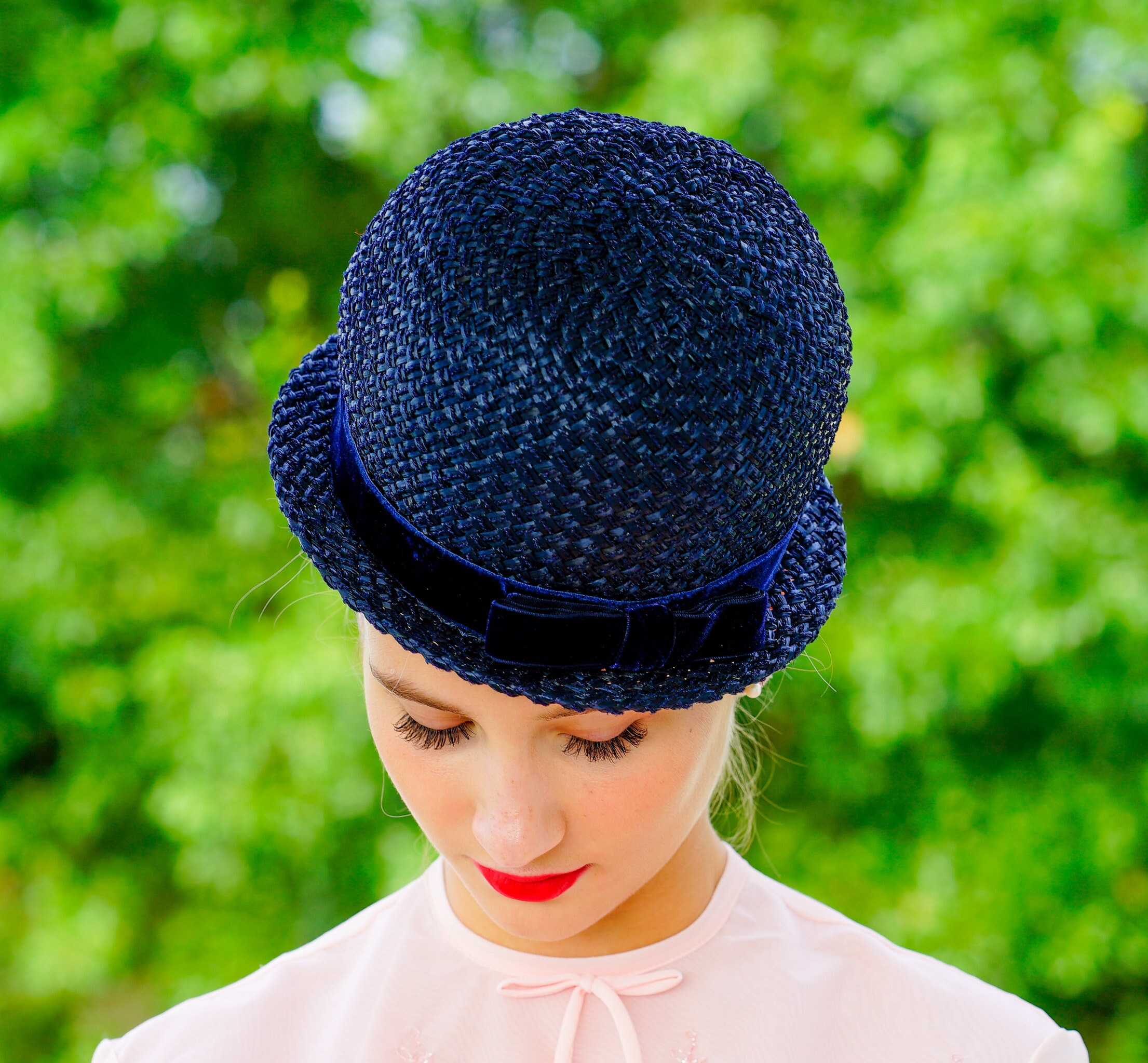 Woven Derby Bowler Hat Rollable Rim 1970s Vintage Tea Party Summer Cloche Men main image 3