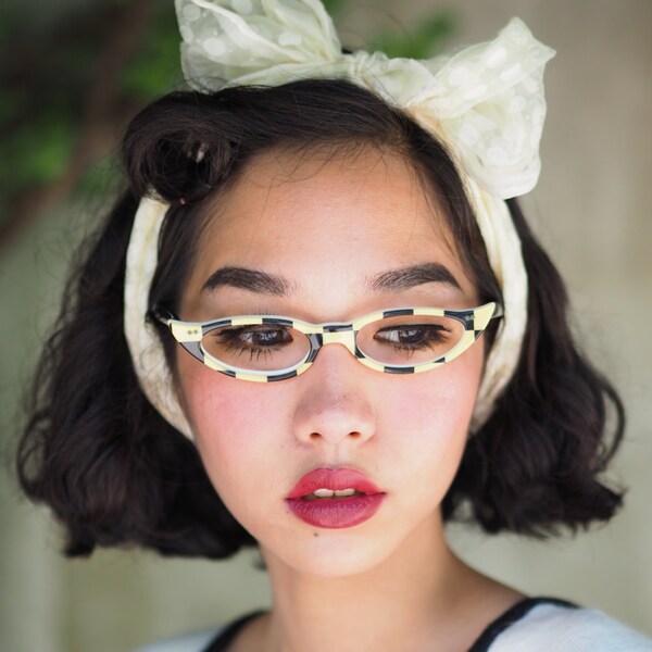 Vintage Cat Eye Eyeglasses Yellow and Black Checker Board Print Rare 1960's Oldstock