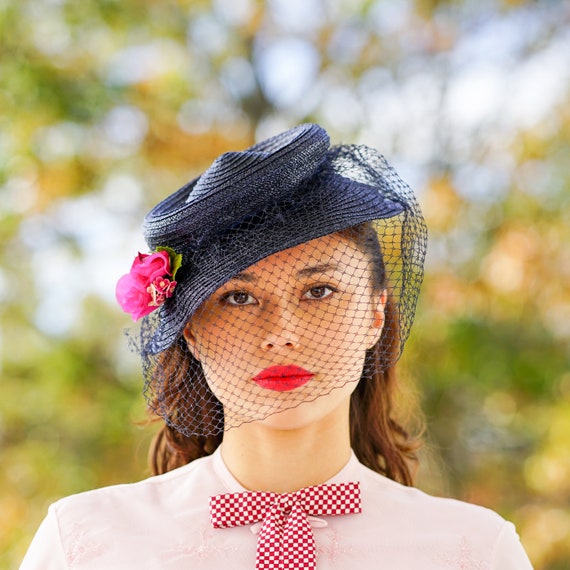 Vintage 1940s Straw Sailor Veil Hat New 