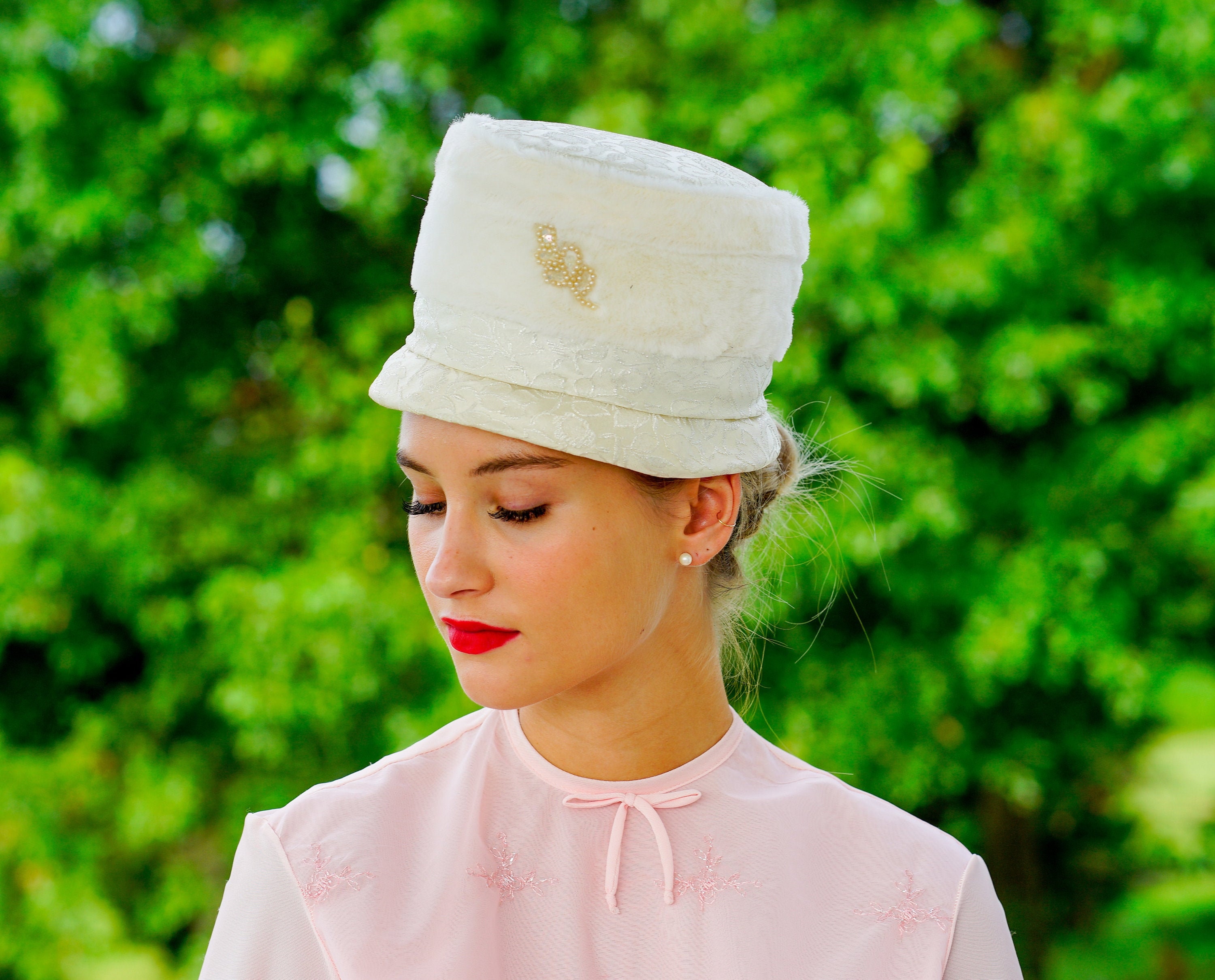 Vintage Damask Fur Cloche Hat Bucket 