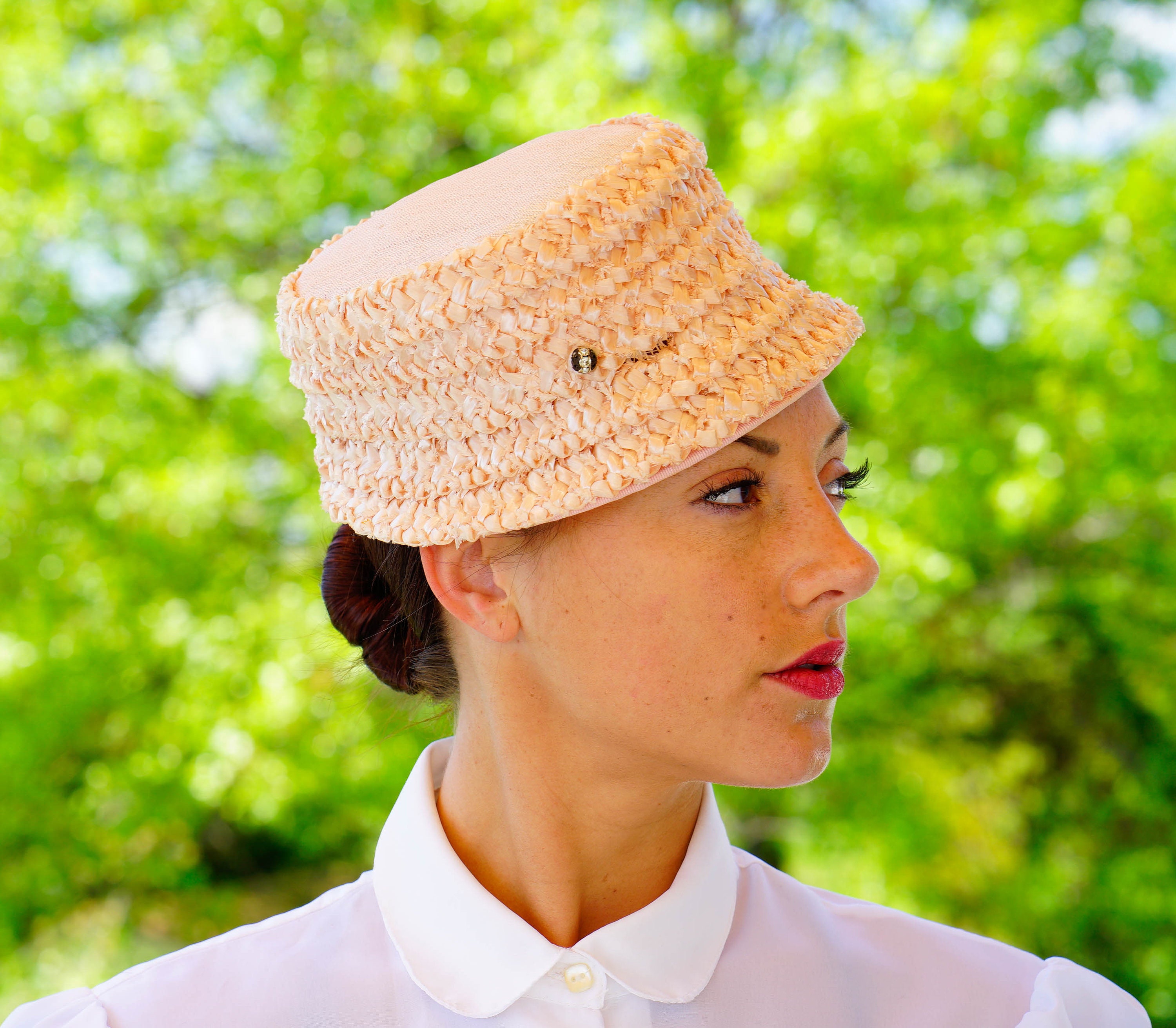 Vintage Pink Straw Bucket Hat 1950s Hat 