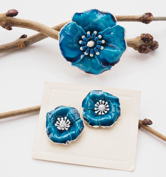 1950s Enamel Jewelry Set Signed ART, Jewelry Set, Vintage Enamel Brooch Earring, 1950s Jewelry, Floral Set, Demi Parure, Costume Jewelry
